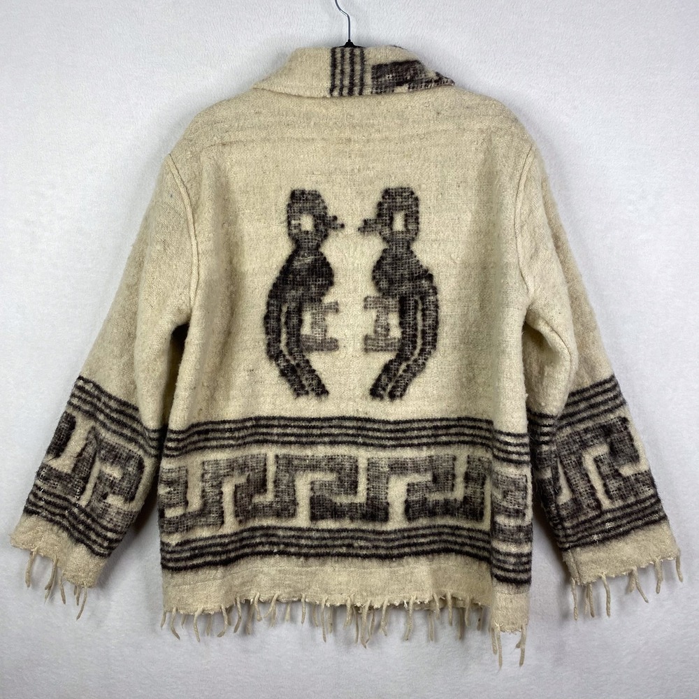 Vintage Cream Wool Knit Fringed Southwestern Birds Full Zip Jacket Coat - Picture 7 of 15